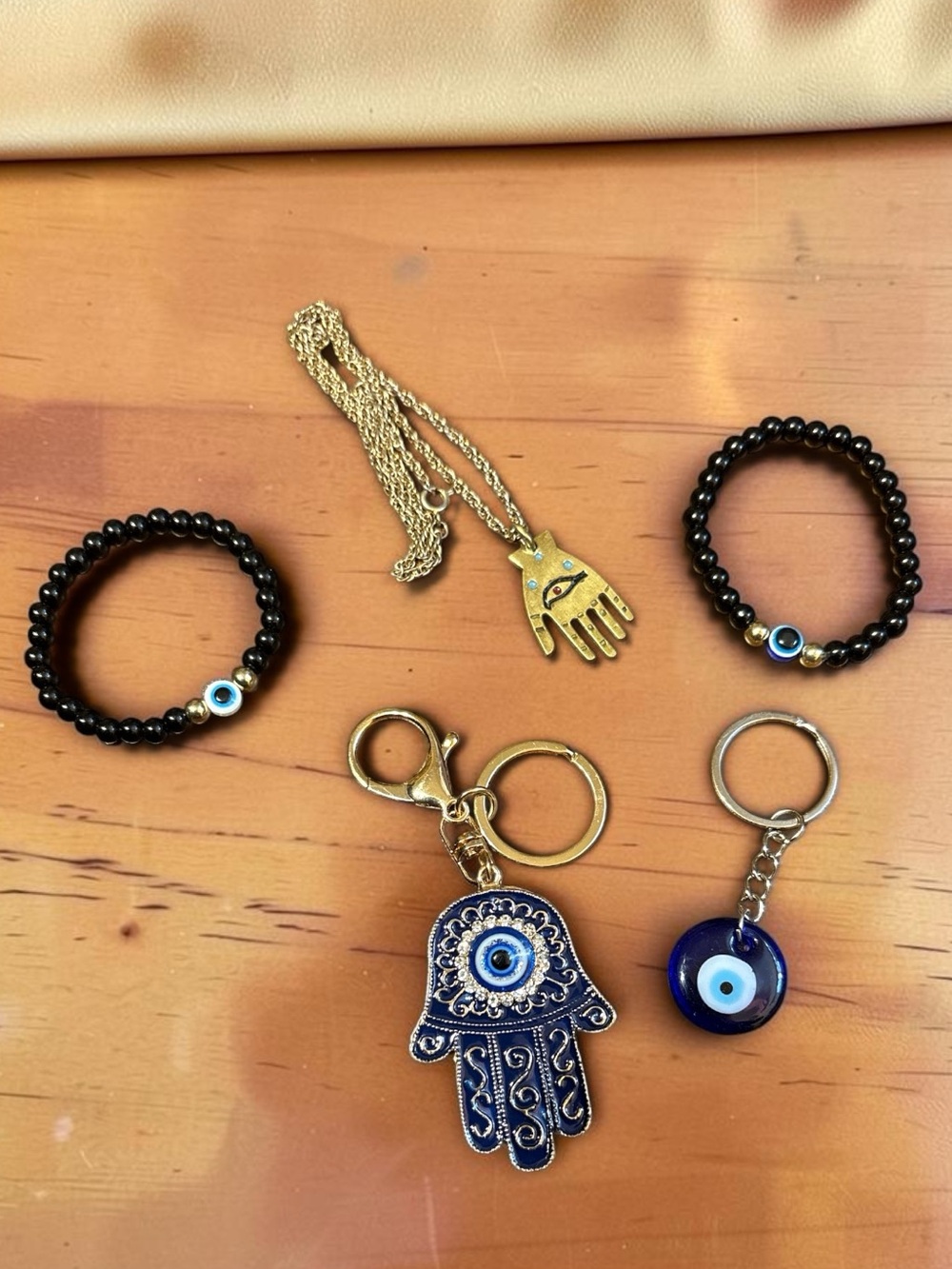 Evil Eye Hamsa and Beaded Bracelet Set - Black and Gold